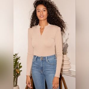 Lulus Up For It Beige Long Sleeve Zip-Front Bodysuit